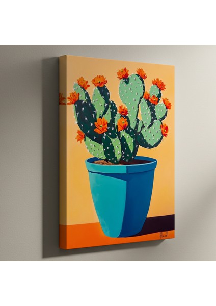 Turkuaz Saksıda Çiçekli Kaktüs Modern Sanat Tablosu