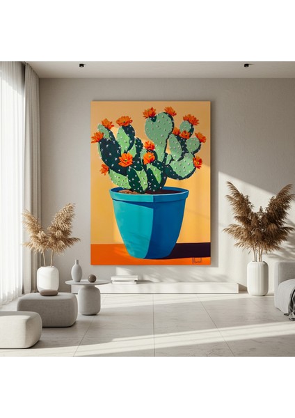 Turkuaz Saksıda Çiçekli Kaktüs Modern Sanat Tablosu fırsatları