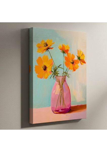 Pembe Vazoda Turuncu Kozmos Çiçekleri Tablosu