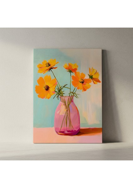 Pembe Vazoda Turuncu Kozmos Çiçekleri Tablosu fiyatları