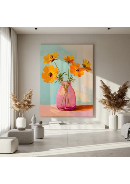 Pembe Vazoda Turuncu Kozmos Çiçekleri Tablosu fırsatları