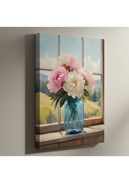 Pencere Manzaralı Şirin Bir Peonies Tablosu