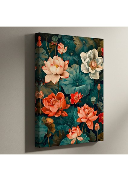 Zümrüt Yeşili ve Turuncu Tonlarında Lotus Çiçeği Tablosu
