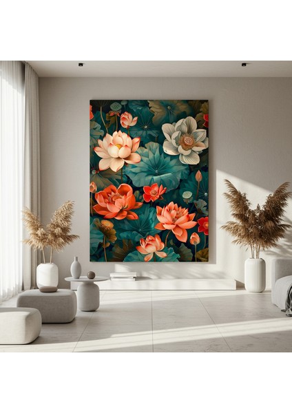Zümrüt Yeşili ve Turuncu Tonlarında Lotus Çiçeği Tablosu fırsatları
