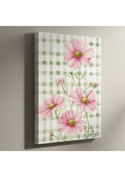 Gingham Desenli Pembe Kozmos Çiçekleri Tablosu