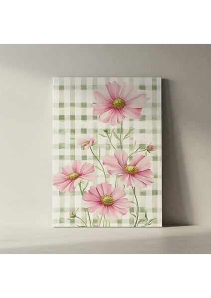 Gingham Desenli Pembe Kozmos Çiçekleri Tablosu fiyatları