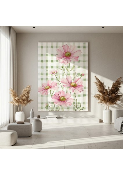 Gingham Desenli Pembe Kozmos Çiçekleri Tablosu fırsatları
