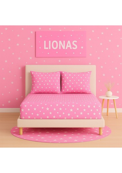 Desenli 180 x 200 cm Battal Boy Pembe Yıldız Lastikli Çarşaf ve 2 Adet Yastık Kılıfı