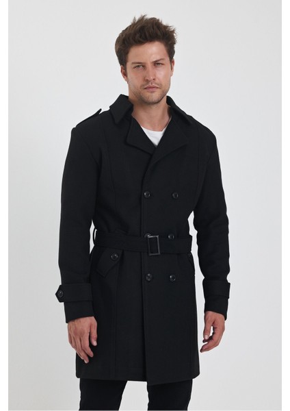 Erkek Siyah Kruvaze Yaka Uzun Dar Kalıp Kaşe Kaban