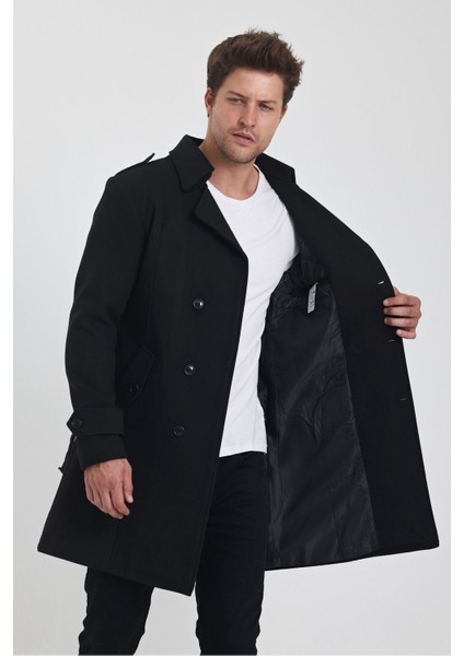 Erkek Siyah Kruvaze Yaka Uzun Dar Kalıp Kaşe Kaban modelleri