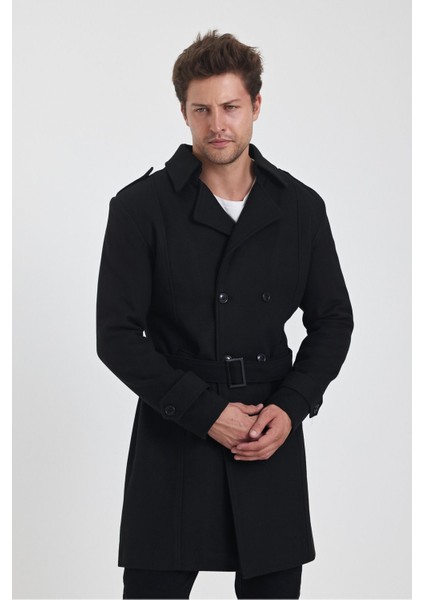 Erkek Siyah Kruvaze Yaka Uzun Dar Kalıp Kaşe Kaban fırsatları