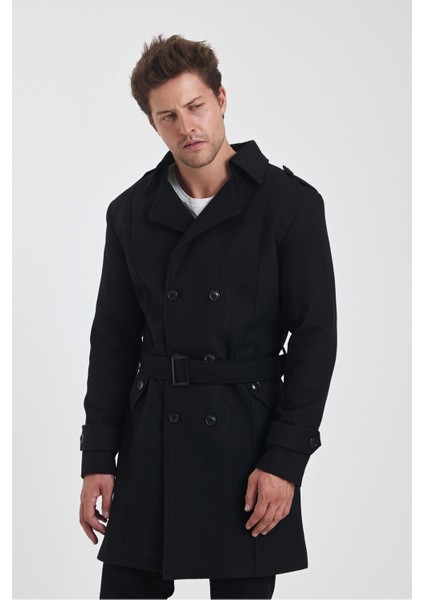 Erkek Siyah Kruvaze Yaka Uzun Dar Kalıp Kaşe Kaban indirimleri