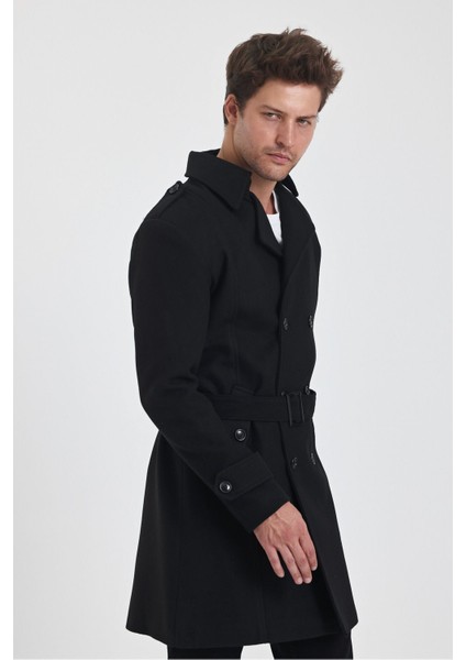 Erkek Siyah Kruvaze Yaka Uzun Dar Kalıp Kaşe Kaban