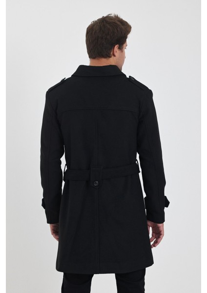 Erkek Siyah Kruvaze Yaka Uzun Dar Kalıp Kaşe Kaban