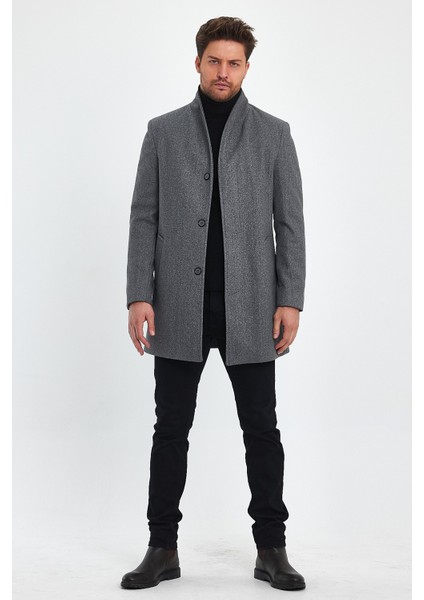 Erkek Slim Fit Kapalı Gri Kaşe Kaban