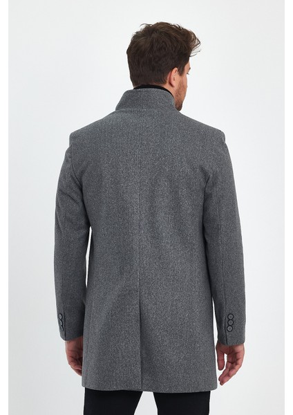 Erkek Slim Fit Kapalı Gri Kaşe Kaban
