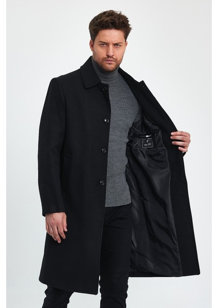 Erkek Siyah Uzun Regular Fit Kaşe Kaban fırsatları
