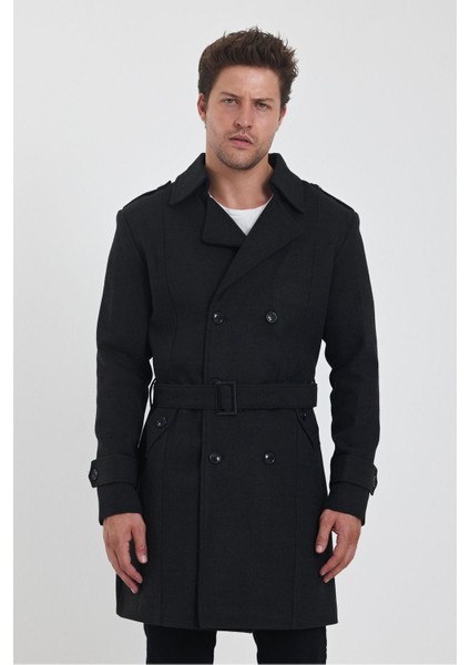 Erkek Antrasit Kruvaze Yaka Uzun Dar Kalıp Kaşe Kaban