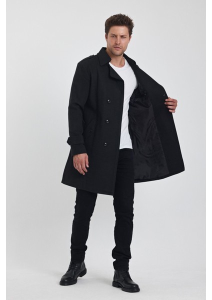 Erkek Antrasit Kruvaze Yaka Uzun Dar Kalıp Kaşe Kaban modelleri