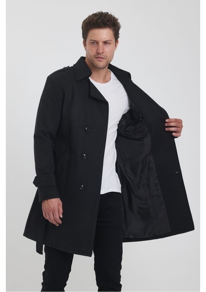 Erkek Antrasit Kruvaze Yaka Uzun Dar Kalıp Kaşe Kaban