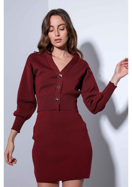 Bordo Metal Düğme Kadın Triko Hırka