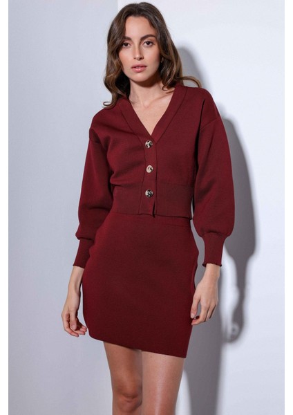Bordo Metal Düğme Kadın Triko Hırka modelleri