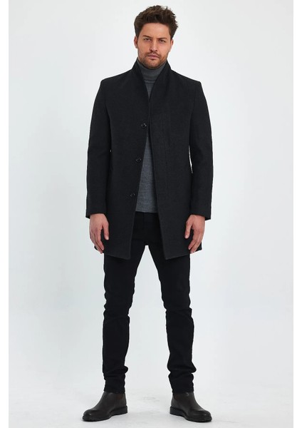 Erkek Slim Fit Antrasit Kaşe Kaban
