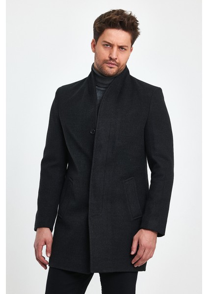Erkek Slim Fit Antrasit Kaşe Kaban