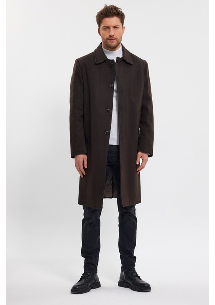 Erkek Koyu Kahverengi Uzun Regular Fit Kaşe Kaban