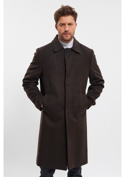 Erkek Koyu Kahverengi Uzun Regular Fit Kaşe Kaban fiyatları