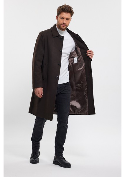 Erkek Koyu Kahverengi Uzun Regular Fit Kaşe Kaban modelleri