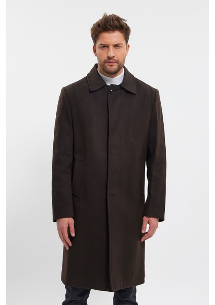 Erkek Koyu Kahverengi Uzun Regular Fit Kaşe Kaban fırsatları