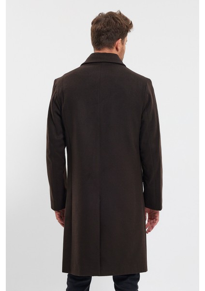 Erkek Koyu Kahverengi Uzun Regular Fit Kaşe Kaban