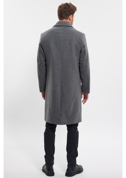 Erkek Gri Uzun Regular Fit Kaşe Kaban