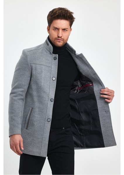 Erkek Açık Gri Dar Kalıp Kaşe Kaban