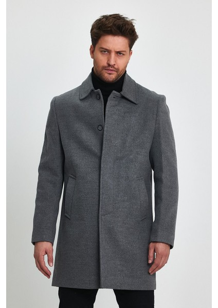 Erkek Gri Regular Fit Kaşe Kaban