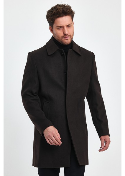 Erkek Regular Fit Fit Kapalı Kahverengi Kaşe Kaban fırsatları