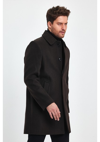 Erkek Regular Fit Fit Kapalı Kahverengi Kaşe Kaban