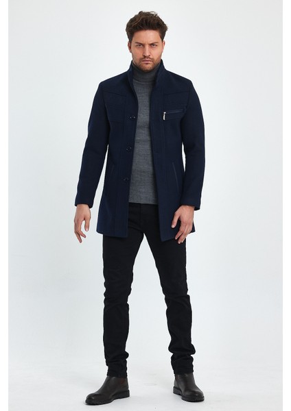 Erkek Slim Fit Lacivert Kaşe Kaban