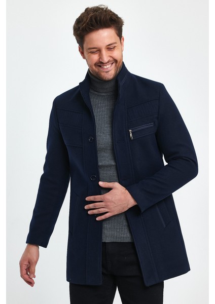 Erkek Slim Fit Lacivert Kaşe Kaban fırsatları
