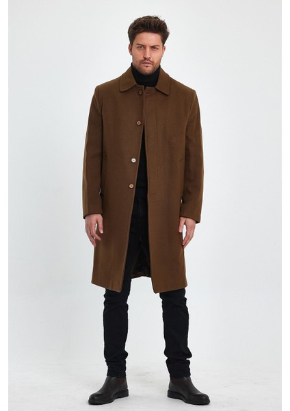 Erkek Taba Uzun Regular Fit Kaşe Kaban