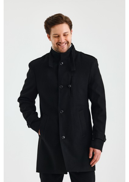 Erkek Siyah Dar Kalıp Kaşe Kaban modelleri