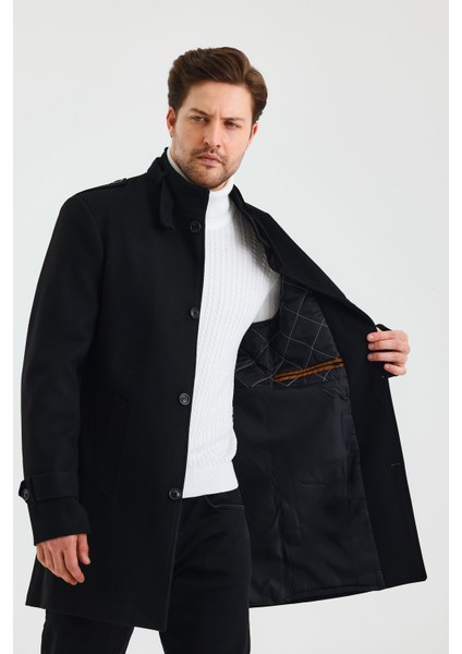 Erkek Siyah Dar Kalıp Kaşe Kaban