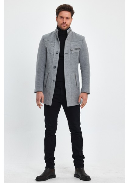 Erkek Dar Kalıp Açık Gri Kaşe Kaban