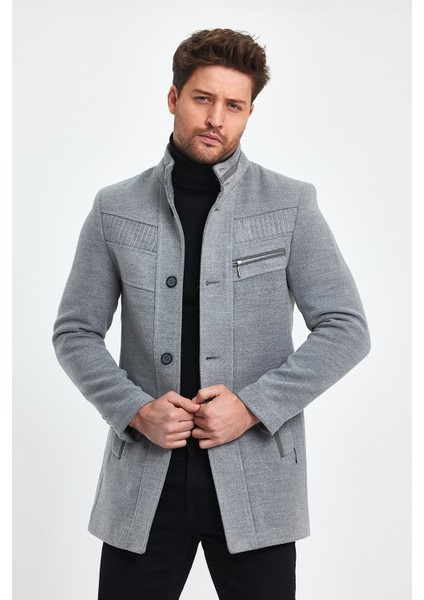 Erkek Dar Kalıp Açık Gri Kaşe Kaban