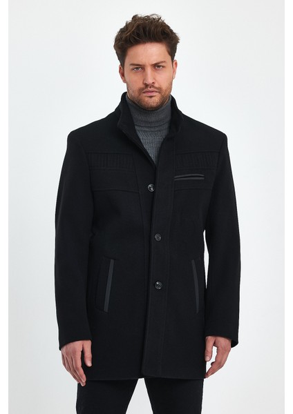 Erkek Slim Fit Siyah Kaşe Kaban