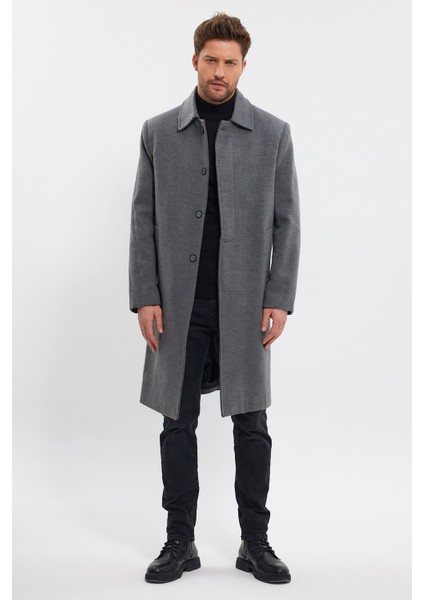 Erkek Gri Uzun Regular Fit Kaşe Kaban