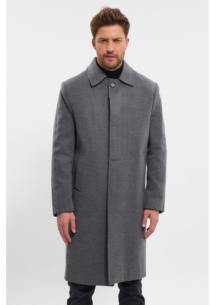 Erkek Gri Uzun Regular Fit Kaşe Kaban modelleri