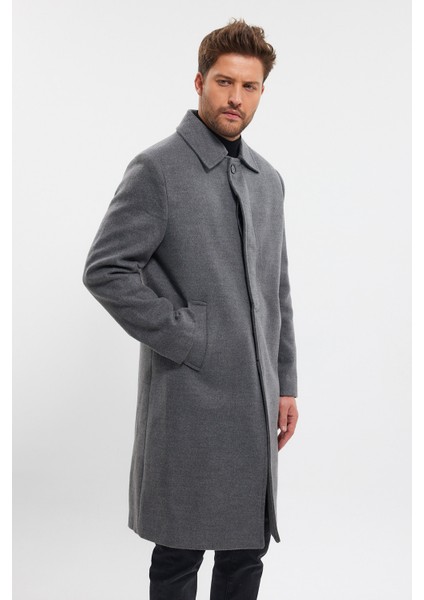 Erkek Gri Uzun Regular Fit Kaşe Kaban