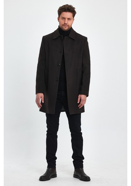 Erkek Regular Fit Fit Kapalı Kahverengi Kaşe Kaban